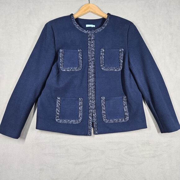 J. McLaughlin Blazer Womens Medium Blue Fanning Jacket Braided Trim Academia - Picture 1 of 15